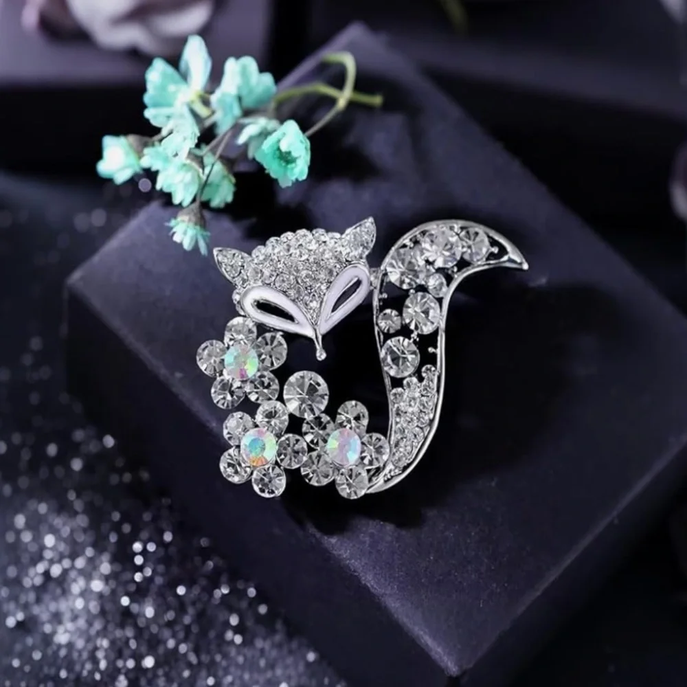 Silver Crystal Fox Brooch with Iridescent Floral Accents